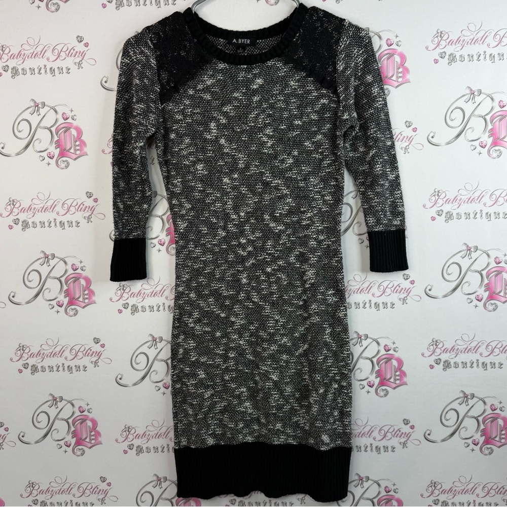A. Byer dress knit warm cozy long sleeve mini dress black white Women's Dress
